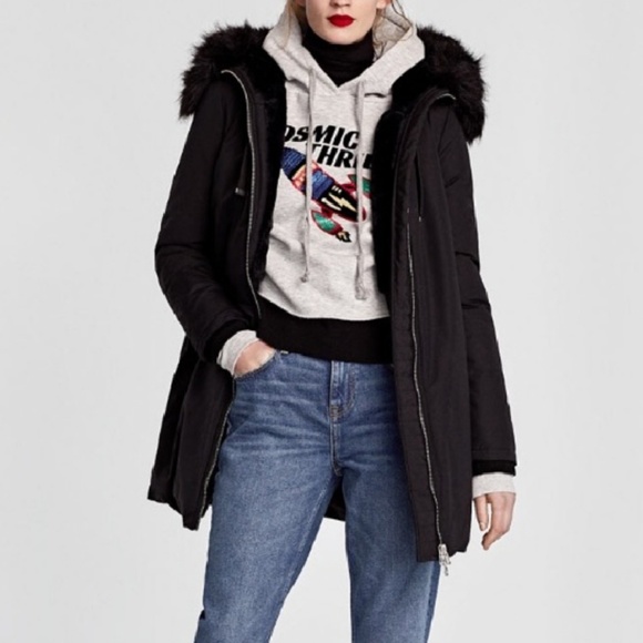 black faux fur parka coat